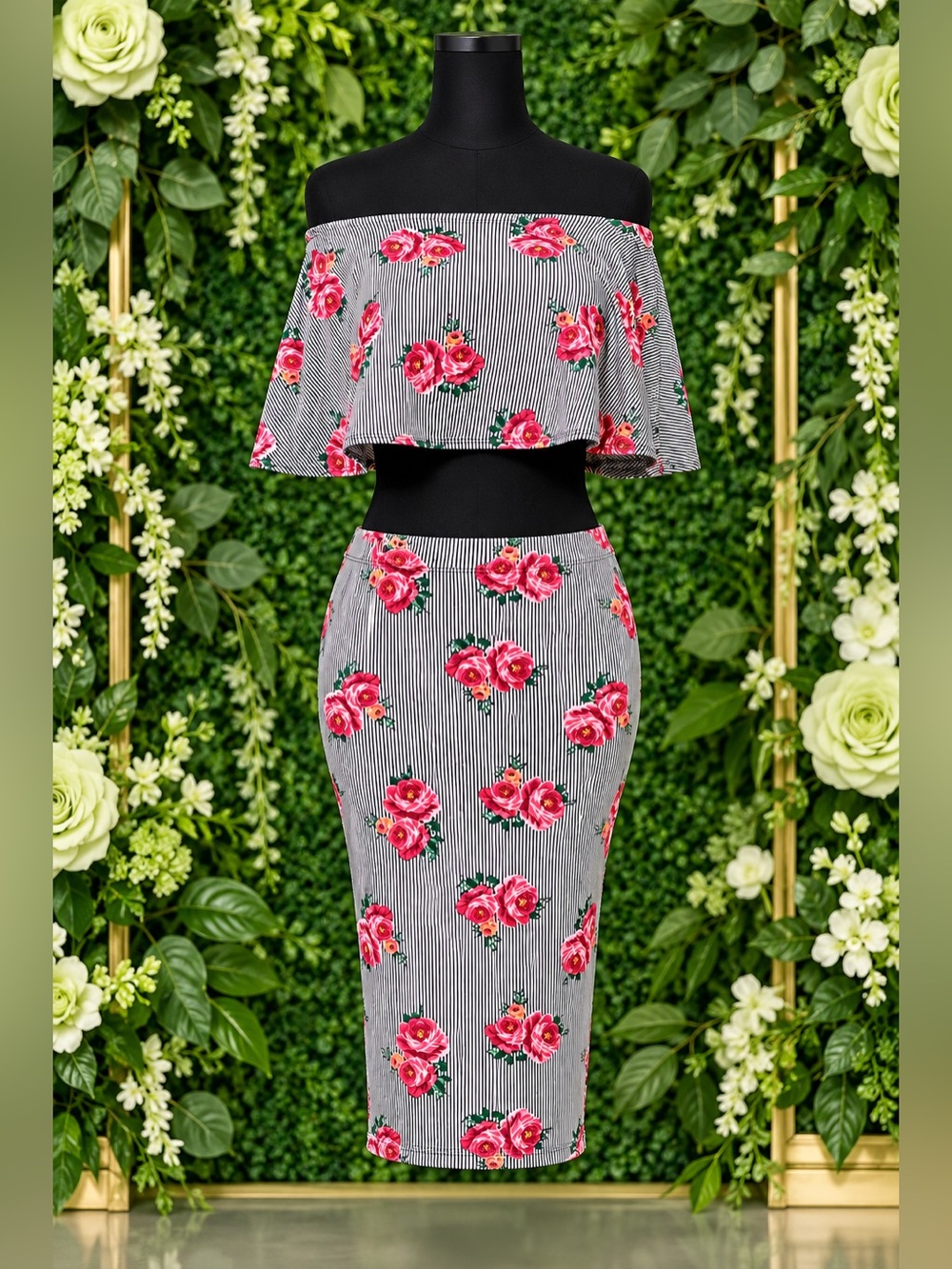 Floral Off-Shoulder Crop Top & Midi Skirt 2-Piece Set
